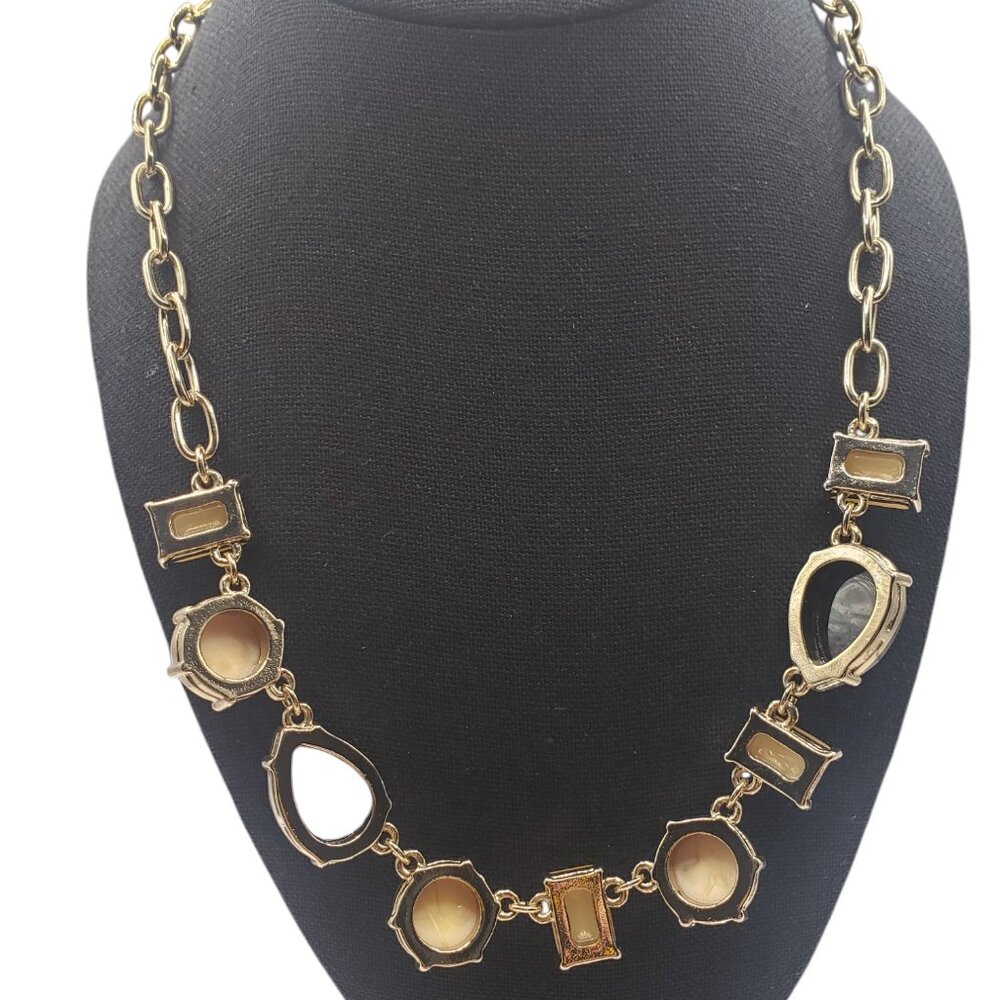 EUC J Crew Gold Tone Faux Pearl Black & Caramel Rhinestone Statement Necklace - Picture 9 of 12